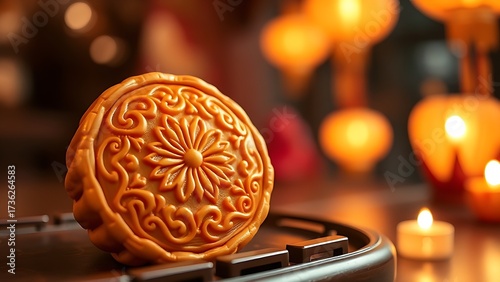 Golden mooncake with intricate floral patterns on a lacquered tray, glowing under warm candlelight for Mid-Autumn.