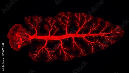 Glowing red vascular patterns preserved in fossilized bone under ultraviolet light, revealing intricate biological history.
