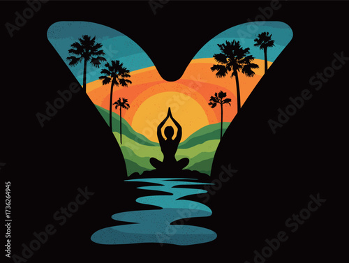 A person sits in a meditative yoga pose by a calm water body. Surrounding them are lush palm trees and colorful mountains at sunset.