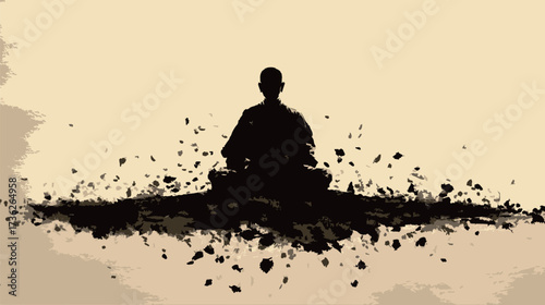 A figure sits cross-legged in meditation, surrounded by swirling leaves. The calming scene evokes peace and mindfulness, highlighting inner reflection.