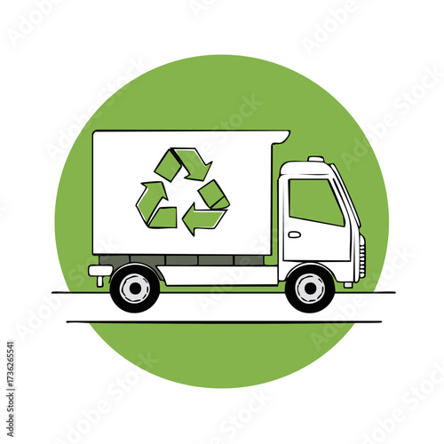 Stylized Recycling Truck Illustration with Green Recycle Symbol, Eco-Friendly Vehicle on Road