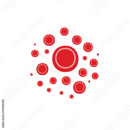 Abstract design with various sized red circles in clustered arrangement.