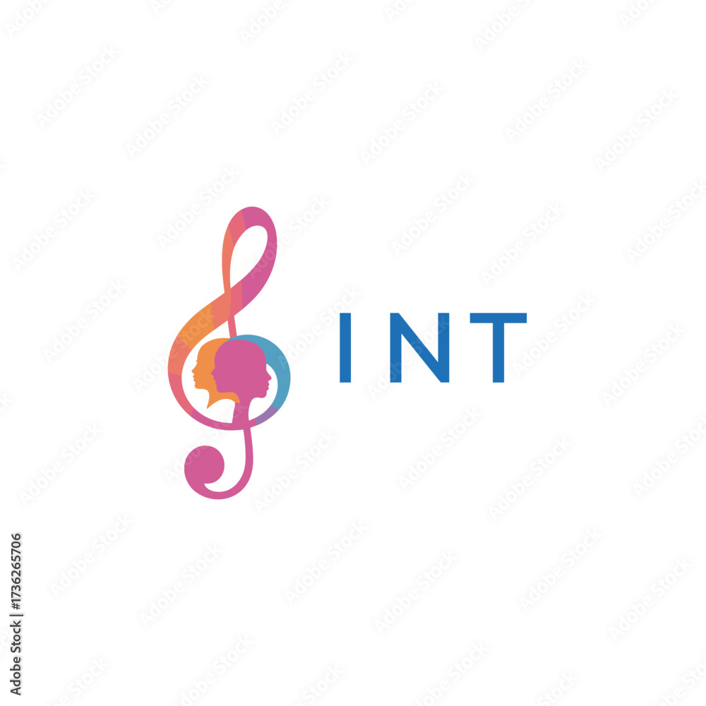 Fototapeta premium INT “Creative music logo with human silhouettes and treble clef in gradient colors, INT Later Logo, modern artistic design isolated on white background”