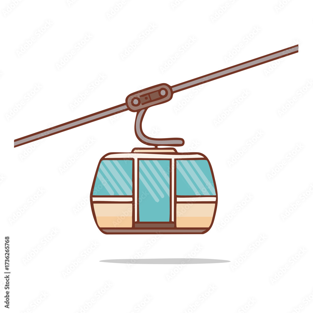 Fototapeta premium Cute cartoon gondola cabin suspended on a cable with a shadow on white background