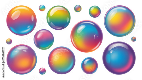 Iridescent Rainbow Bubbles Floating in 3D Transparent Space