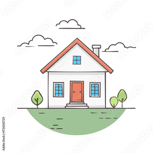 Cartoon house with trees and clouds illustration on a white background