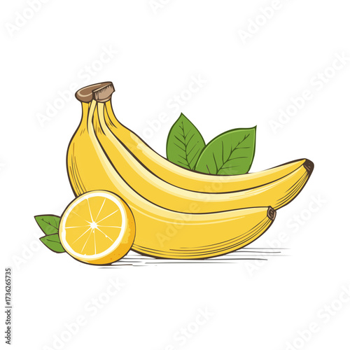 Illustrative Composition of Three Yellow Bananas, Lemon Slice, and Green Leaves on White Background