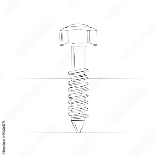 Hex Head Screw Driving Into a Surface Line Art Construction Fastener Illustration