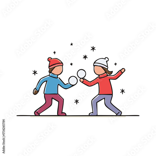 Two children in winter clothes having a fun snowball fight in the falling snow vector illustration