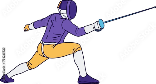 Illustration of a fencer in a dynamic stance with a sword