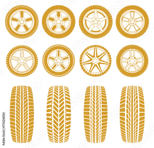 Collection of Golden Car Wheels and Tire Treads