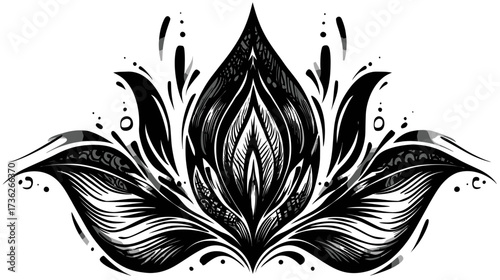 Elegant Black and White Lotus Flower Illustration. Hand-drawn Art for Meditation, Spirituality, Yoga, Zen, and Beauty Designs.