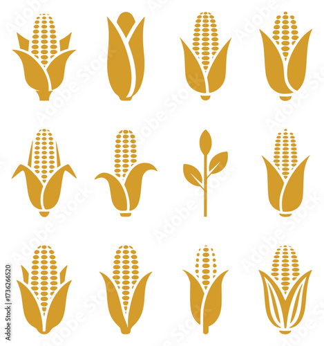 Collection of Golden Corn Icons and Plant Symbol