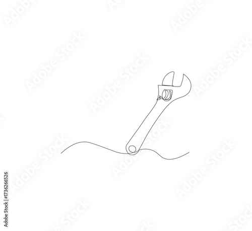 One continuous line drawing of a wrench tool. White background. Downloadable construction logo symbol. Wrench outline vector illustration. Editable stroke.