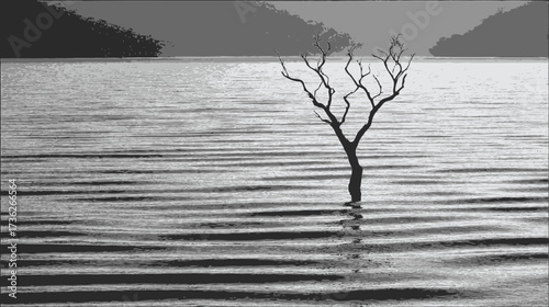 Stark black and white landscape with a solitary, bare tree standing in tranquil water, subtle ripples on the surface, and distant hills.