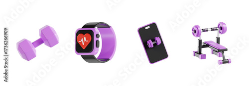 3D Fitness and Health Tech Icons Set with Dumbbell and Smart Watch