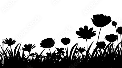 Stylized black silhouette border of blooming wildflowers and tall grass, creating a natural decorative design element on a white background.