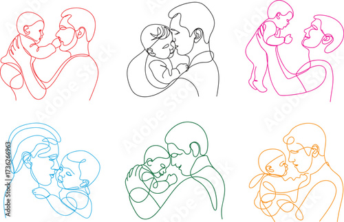 Father and baby embrace in a simple continuous line drawing