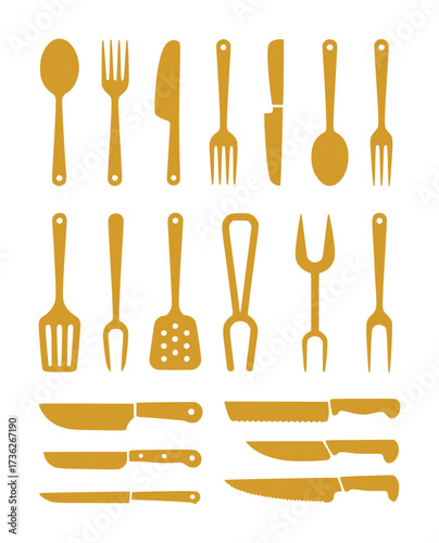 Collection of Golden Kitchen Utensils and Cutlery on White Background