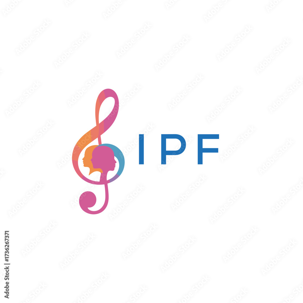 Naklejka premium IPF “Creative music logo with human silhouettes and treble clef in gradient colors, IPF Later Logo, modern artistic design isolated on white background” 