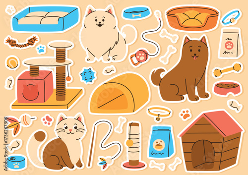 A set of pet toy stickers. Grooming supplies for cats and dogs.