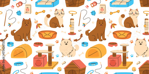 A seamless pattern featuring pet toys. Grooming items for cats and dogs.