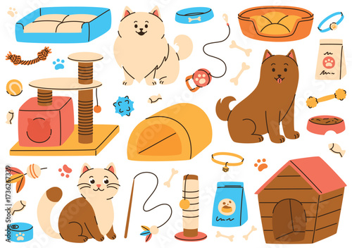 A set of toys for pets. Grooming supplies for cats and dogs.