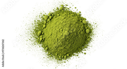 Photos Isolated mound of matcha powder, popular green tea powder for cooking and bevera