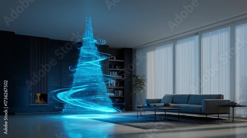 Futuristic blue spiral light Christmas tree hologram in a modern living room (AI Generated)