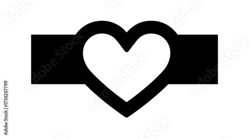 Minimalist black heart shape cutout on a horizontal band, isolated on white. Graphic element representing love, romance, passion, and affection. Simple design.