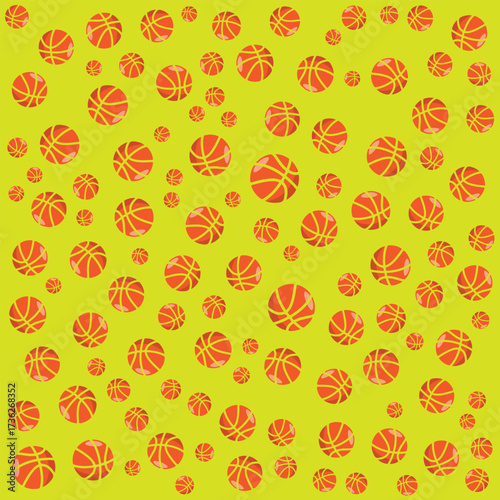 "An illustration featuring a dense, random pattern of orange basketballs of varying sizes