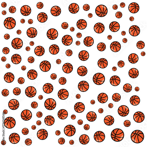 "An illustration featuring a dense, random pattern of orange basketballs of varying sizes