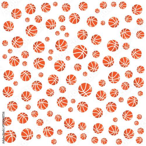 "An illustration featuring a dense, random pattern of orange basketballs of varying sizes