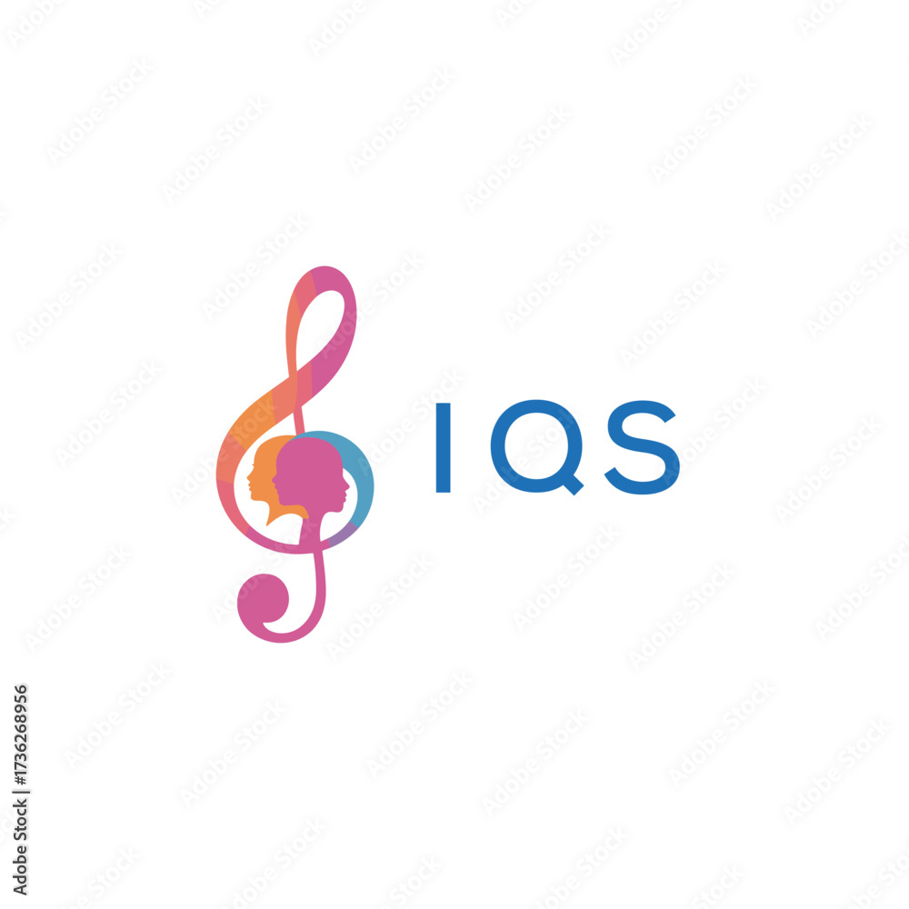Naklejka premium IQS “Creative music logo with human silhouettes and treble clef in gradient colors, IQS Later Logo, modern artistic design isolated on white background” 