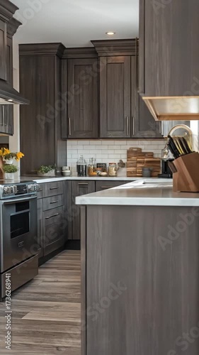 A modern kitchen with dark cabinets, white counters, stainless appliances, and wood flooring