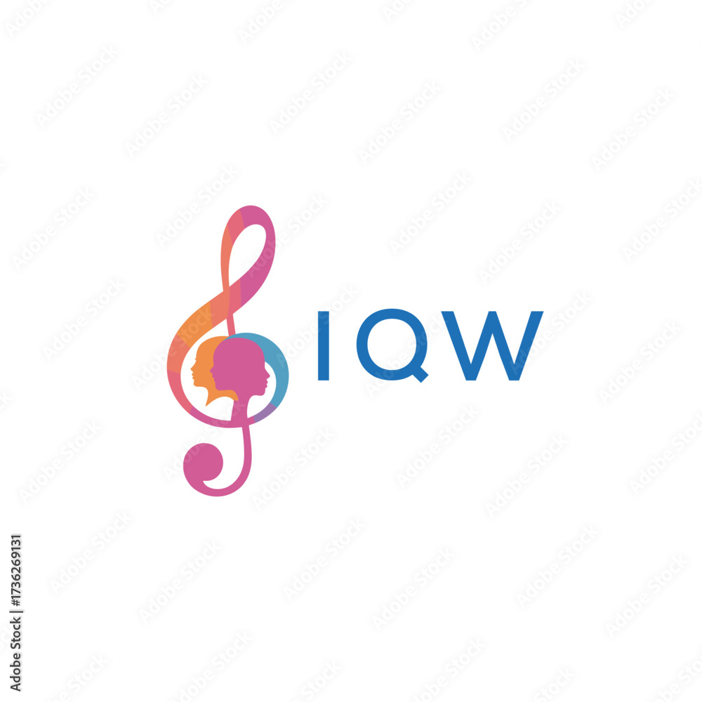 Fototapeta premium IQW “Creative music logo with human silhouettes and treble clef in gradient colors, IQW Later Logo, modern artistic design isolated on white background”IQW music logo, IQW treble clef, human IQW si