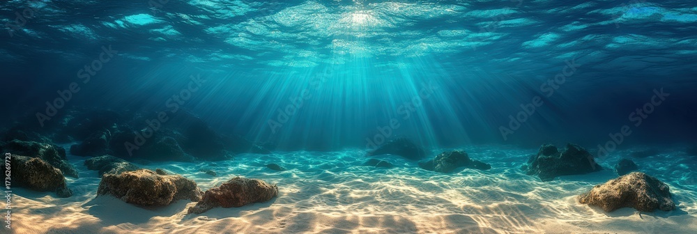 Obraz premium A serene underwater scene showcasing sunlight filtering through water, illuminating sandy seabed and rocky formations.