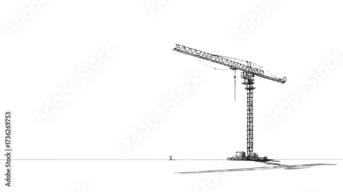 Monochromatic minimalist view of a towering industrial construction crane on a stark white background, highlighting scale and engineering.