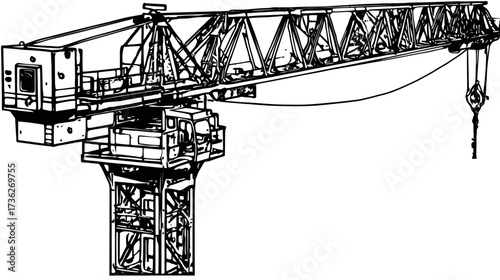 Detailed technical illustration of a large industrial crane, ideal for construction, engineering, and heavy lifting concepts.