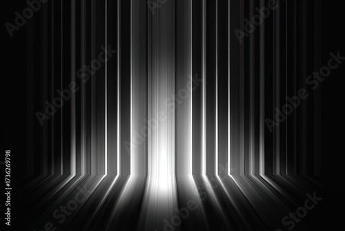 Abstract grayscale vertical lines converging to a bright source, creating a stage-like illusion