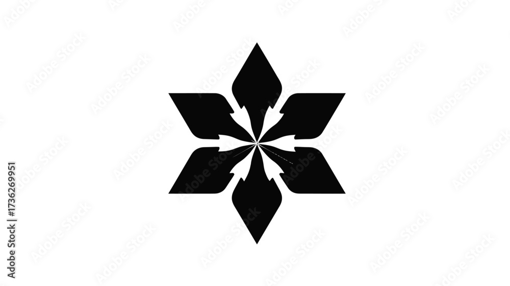 Obraz premium Geometric six-pointed star symbol with internal arrows pointing inward, depicting convergence, focus, process, and connection