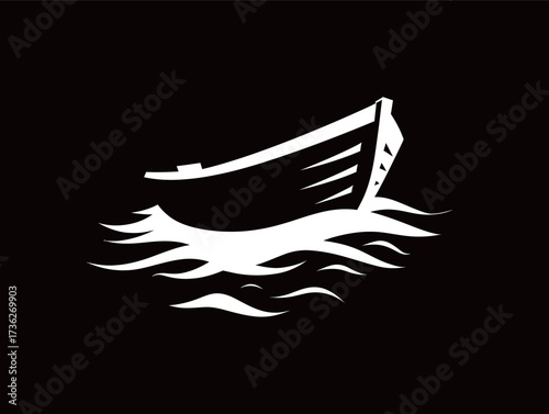 A white silhouette of a boat is seen sailing through stylized waves on a solid black background. The design captures the tranquility of the sea.