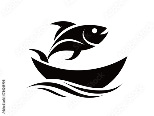 A design showcases a fish leaping from a boat, emphasizing the dynamic movement of water and wildlife. The black silhouette contrasts with a plain background.