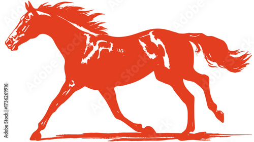 Dynamic red silhouette of a galloping horse, wild mustang running, equine animal in motion, powerful equestrian symbol vector