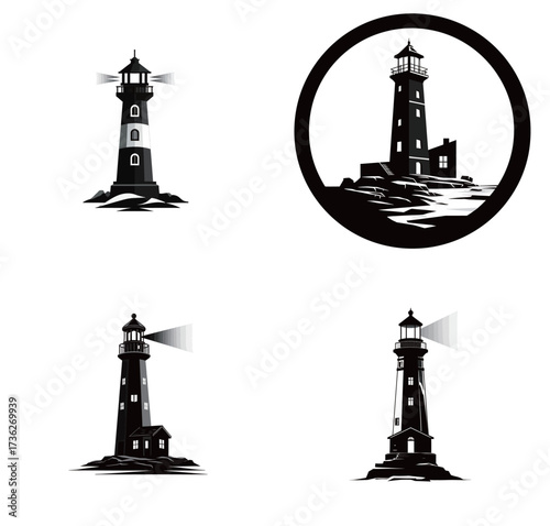Four unique black and white lighthouse designs are displayed, featuring different shapes and perspectives.