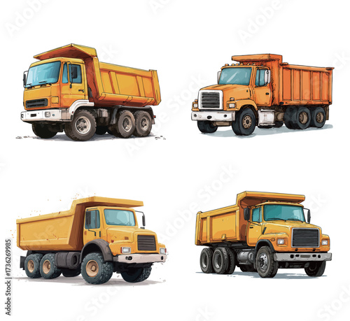 Four distinct yellow dump trucks are displayed, each with a unique design and size. These trucks are ready for construction and heavy-duty work, showcasing various styles.