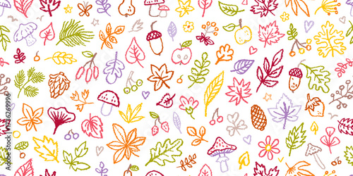 Autumn pattern. Leaf seamless background. Fall leaves vector texture. Autumn forest tree acorn plant flower seamless pattern. Nature watercolor illustration. Cute kid line doodle bg. Crayon hand drawn