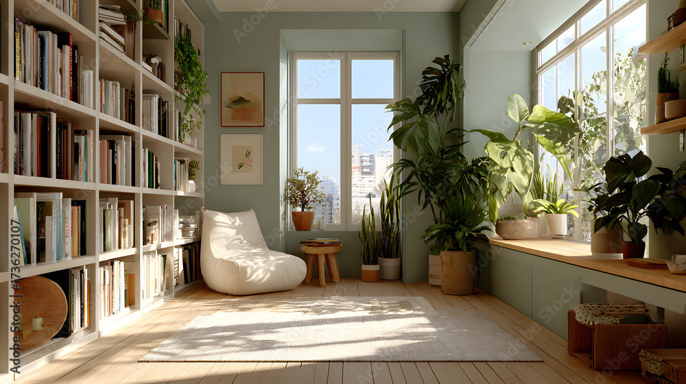 custom made wallpaper toronto digitalA zoom background photo of a minimalist modern office with a bookshelf and plants