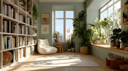 A zoom background photo of a minimalist modern office with a bookshelf and plants