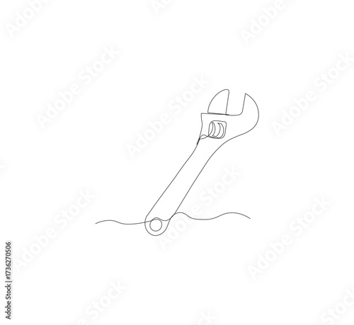 One continuous line drawing of a wrench tool. White background. Downloadable construction logo symbol. Wrench outline vector illustration. Editable stroke.